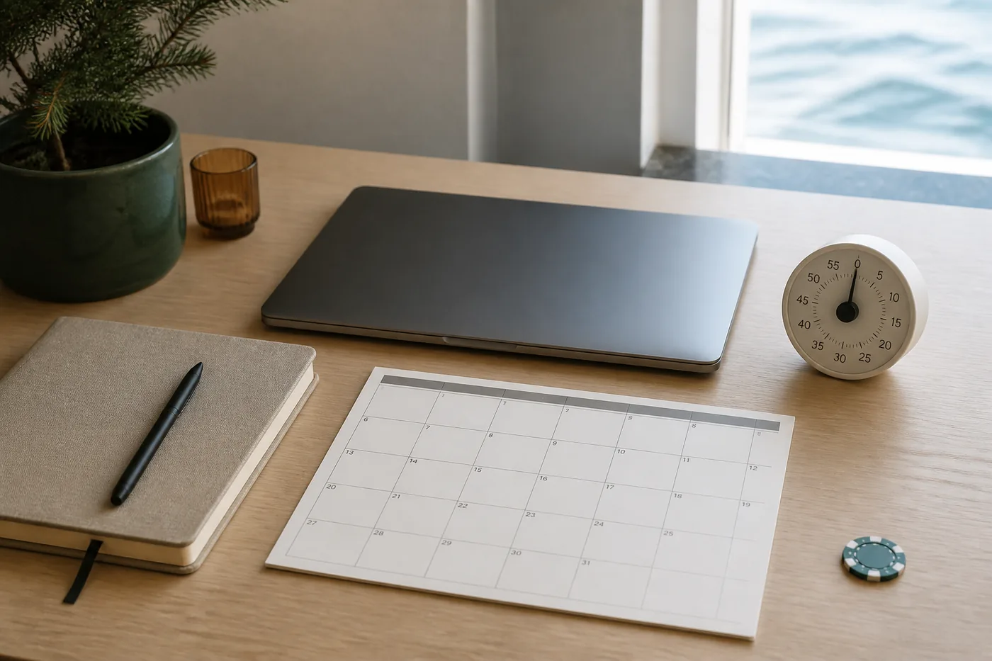Laptop tertutup di samping anggaran dan kalender
