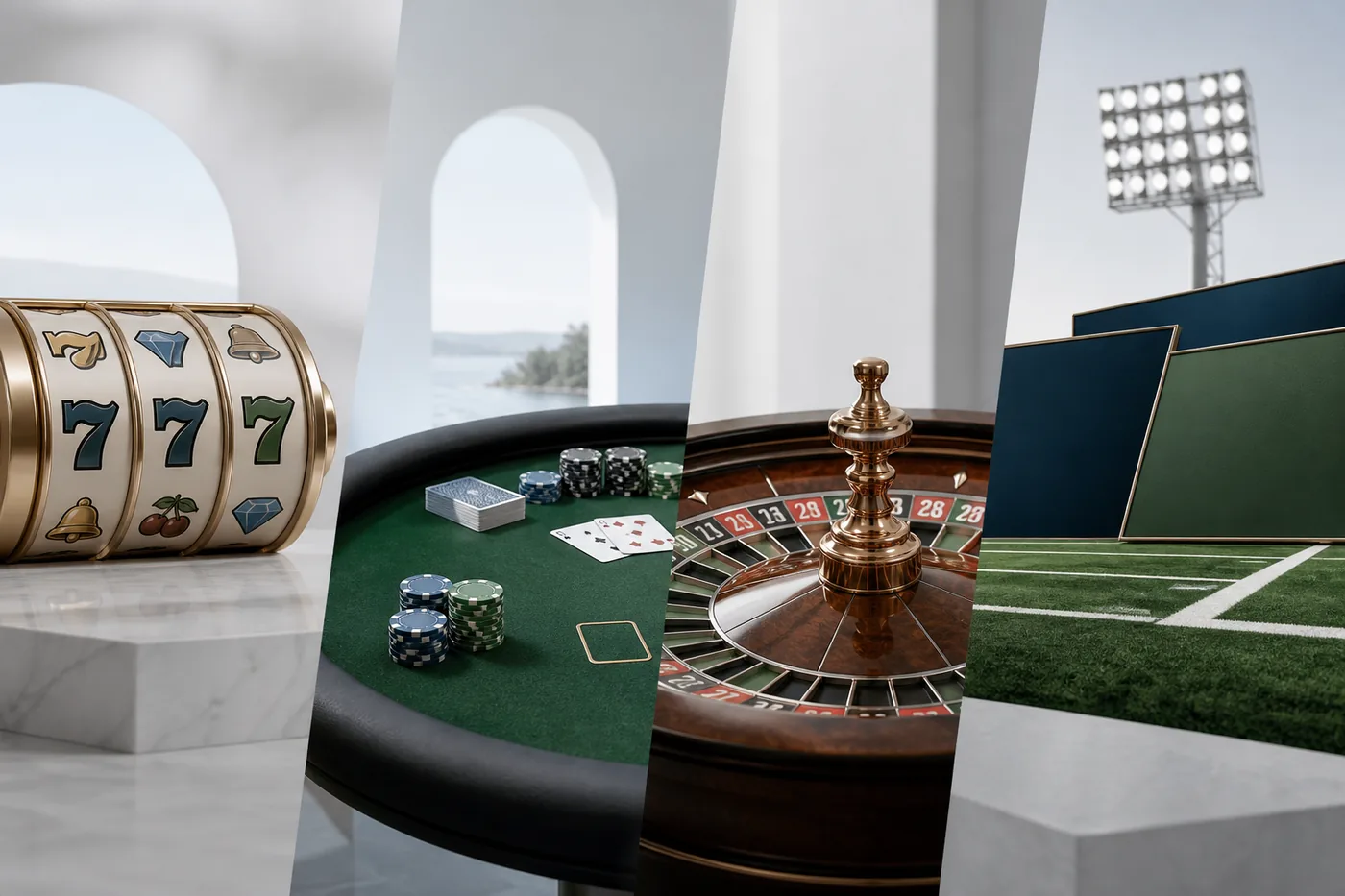 Montase kategori slot, meja kasino, roulette, dan taruhan olahraga generik