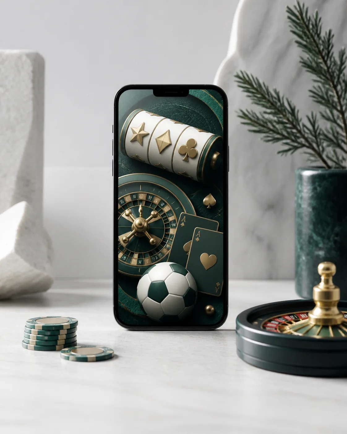 Ponsel dengan ilustrasi lobi kasino daring generik untuk akses mobile